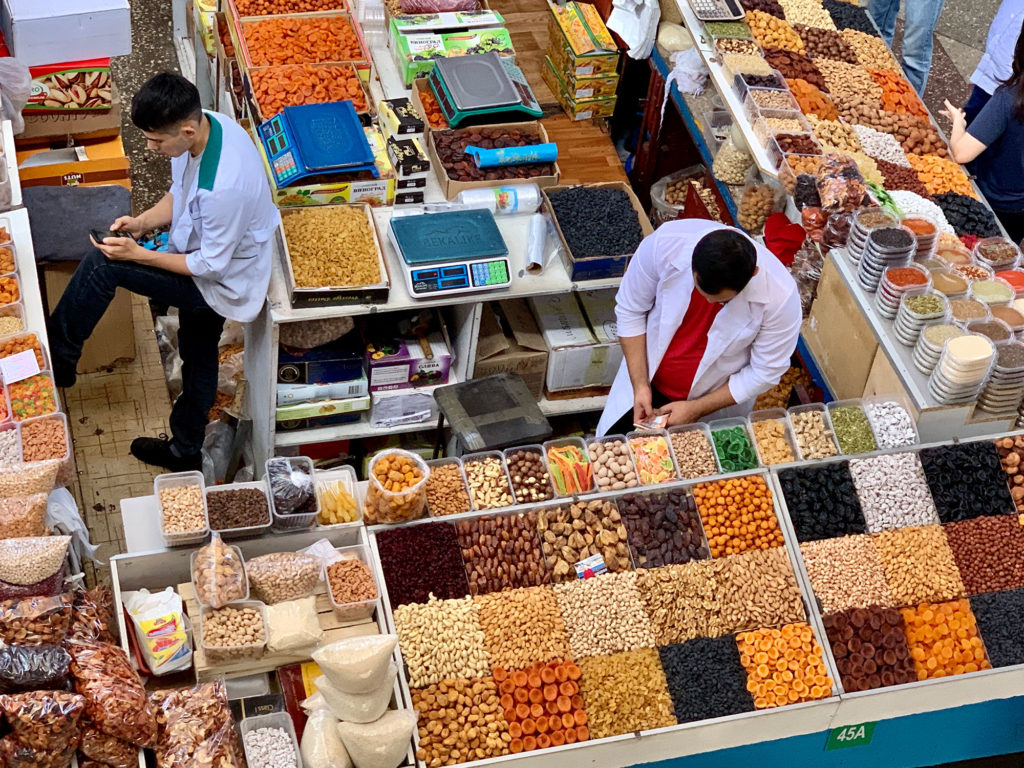 looking down on colorful spices in the Osh Bazaar in Kyrgystan